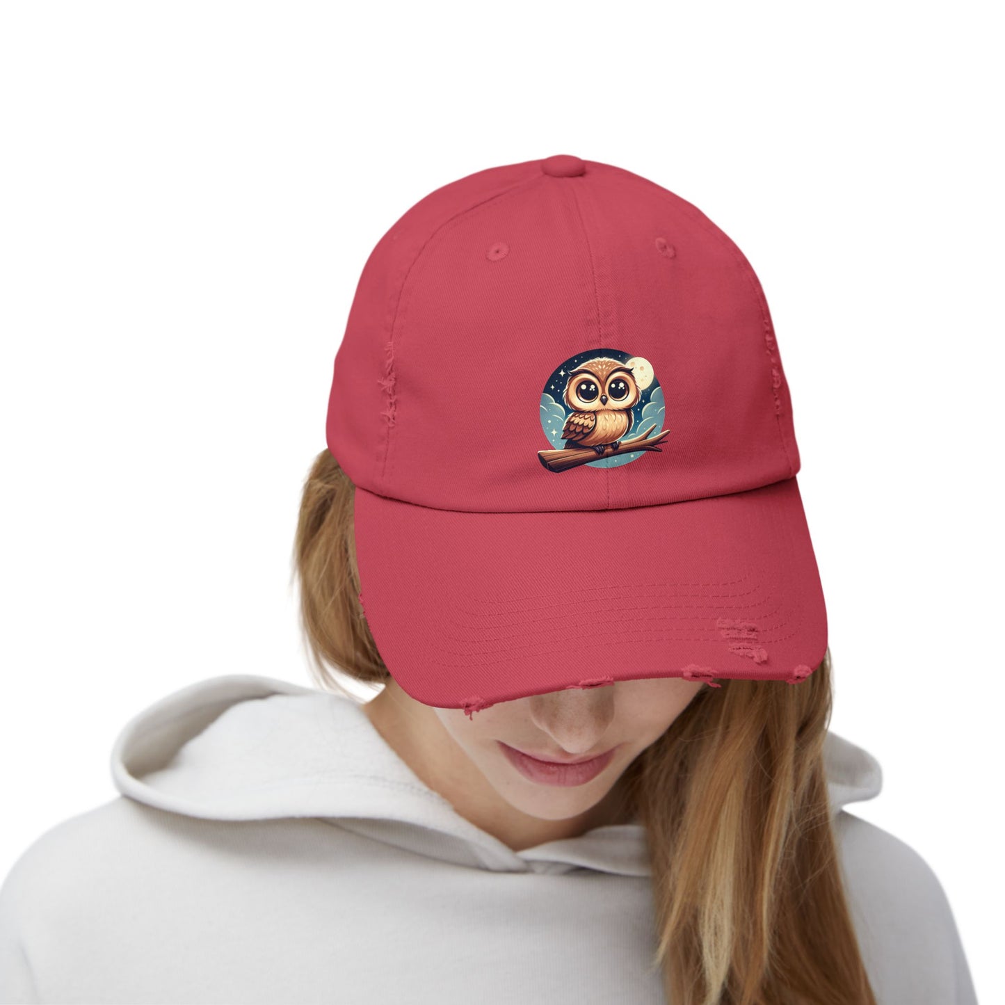 Whimsical Owl Distressed Cap, Unisex Cap, Nature Lover Gift, Cute Owl Hat, Vintage Style Cap, Outdoor Accessory