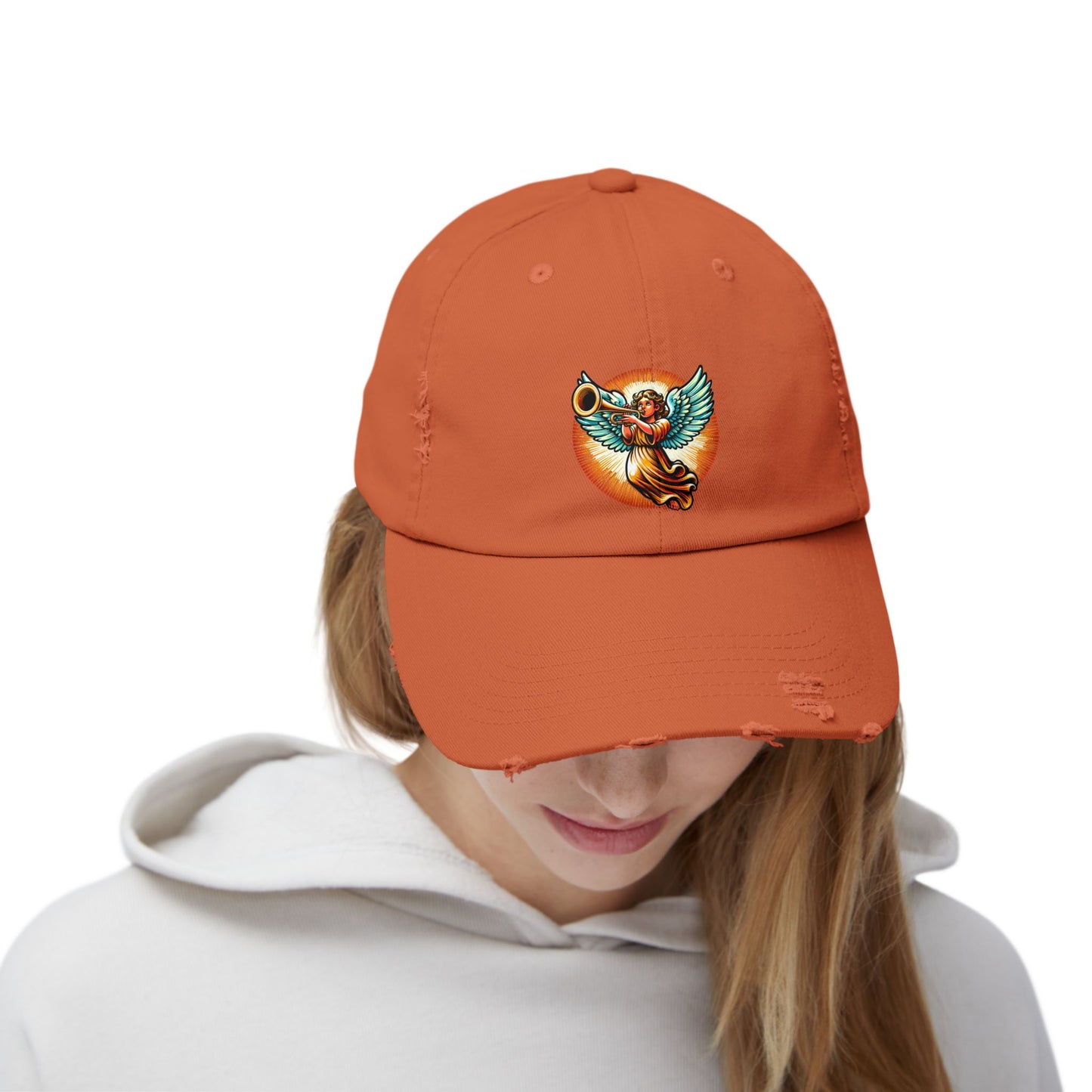 Angel Trumpet Distressed Cap, Unisex Vintage Hat, Casual Fashion Accessory, Gift for Music Lovers, Festival Headwear, Everyday Style