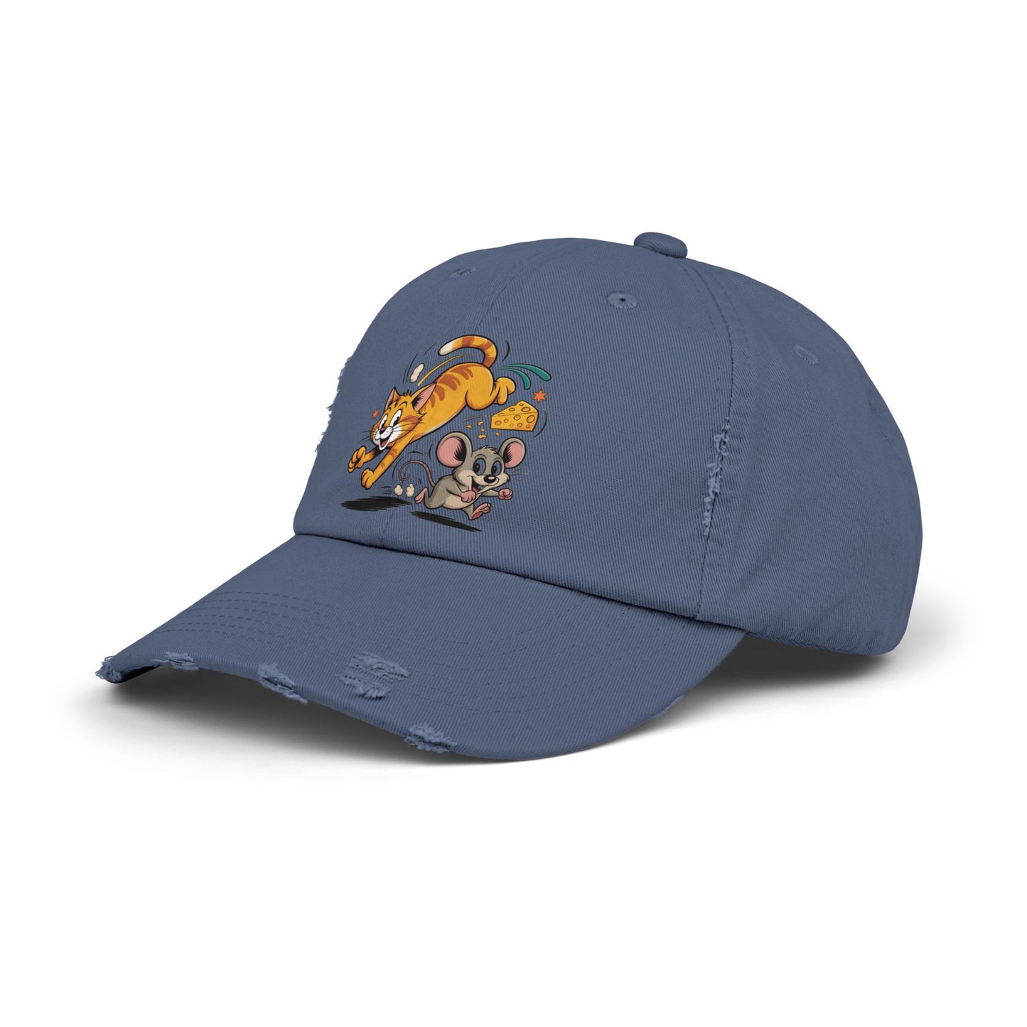 Playful Animal Cap - Cute Cat and Mouse, Unisex Distressed Cap, Funny Gift for Cat Lovers, Animal Lovers, Casual Wear, Birthday Gift