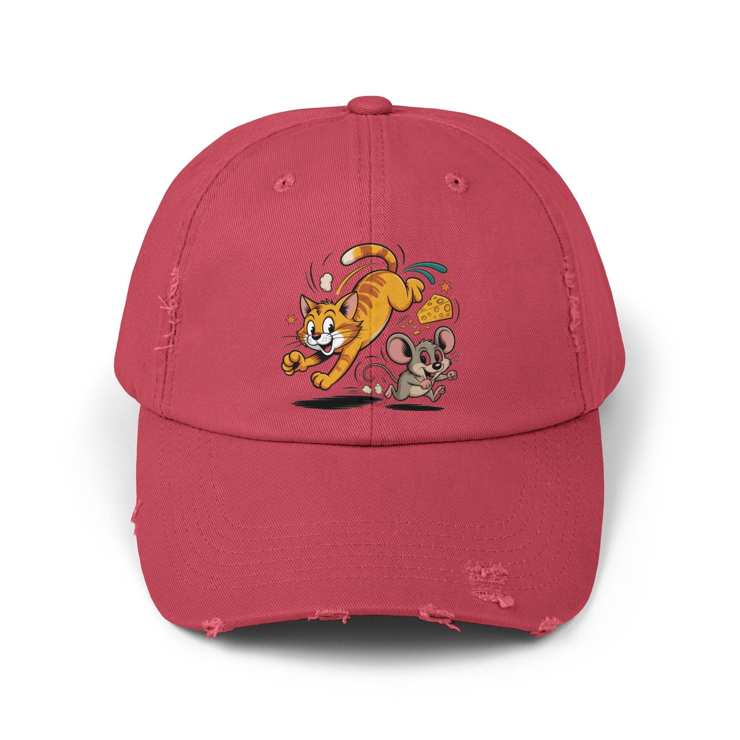 Playful Animal Cap - Cute Cat and Mouse, Unisex Distressed Cap, Funny Gift for Cat Lovers, Animal Lovers, Casual Wear, Birthday Gift