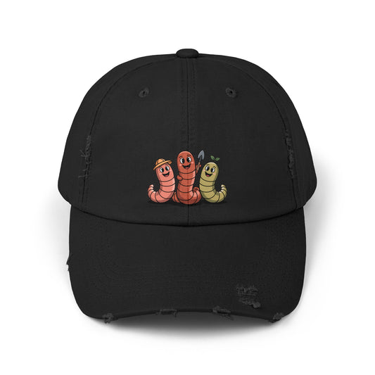 Whimsical Distressed Cap Featuring Cute Worms, Relaxed Fit Cap for Gardeners, Casual Wear, Gift for Nature Lovers, Summer Accessory