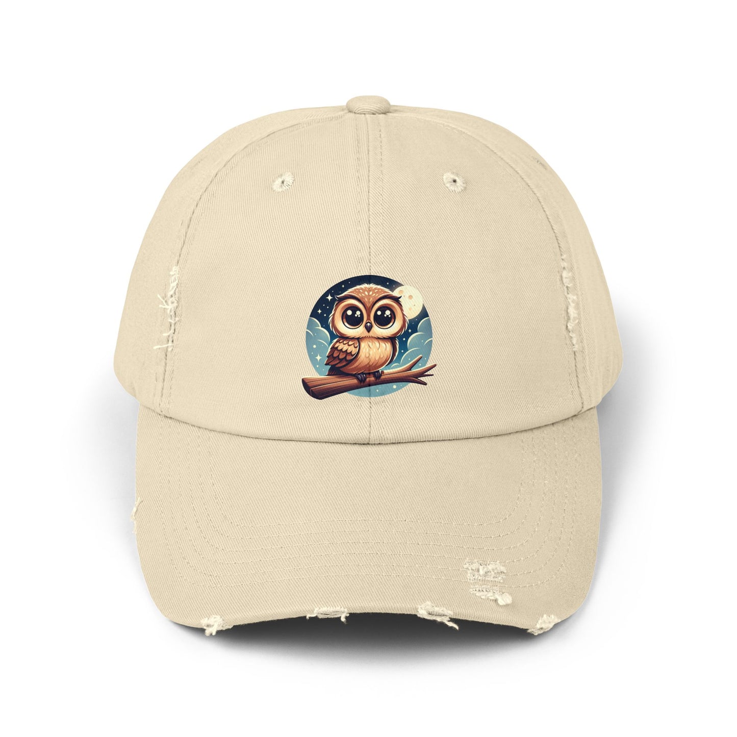 Whimsical Owl Distressed Cap, Unisex Cap, Nature Lover Gift, Cute Owl Hat, Vintage Style Cap, Outdoor Accessory