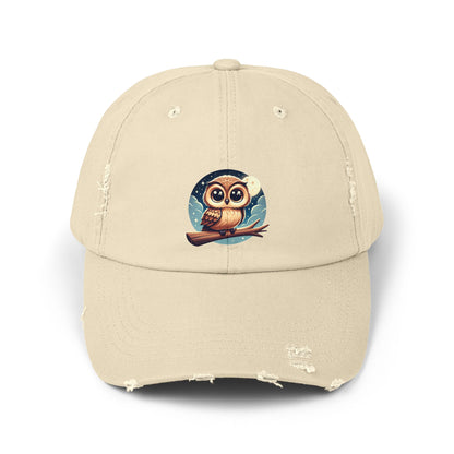 Whimsical Owl Distressed Cap, Unisex Cap, Nature Lover Gift, Cute Owl Hat, Vintage Style Cap, Outdoor Accessory