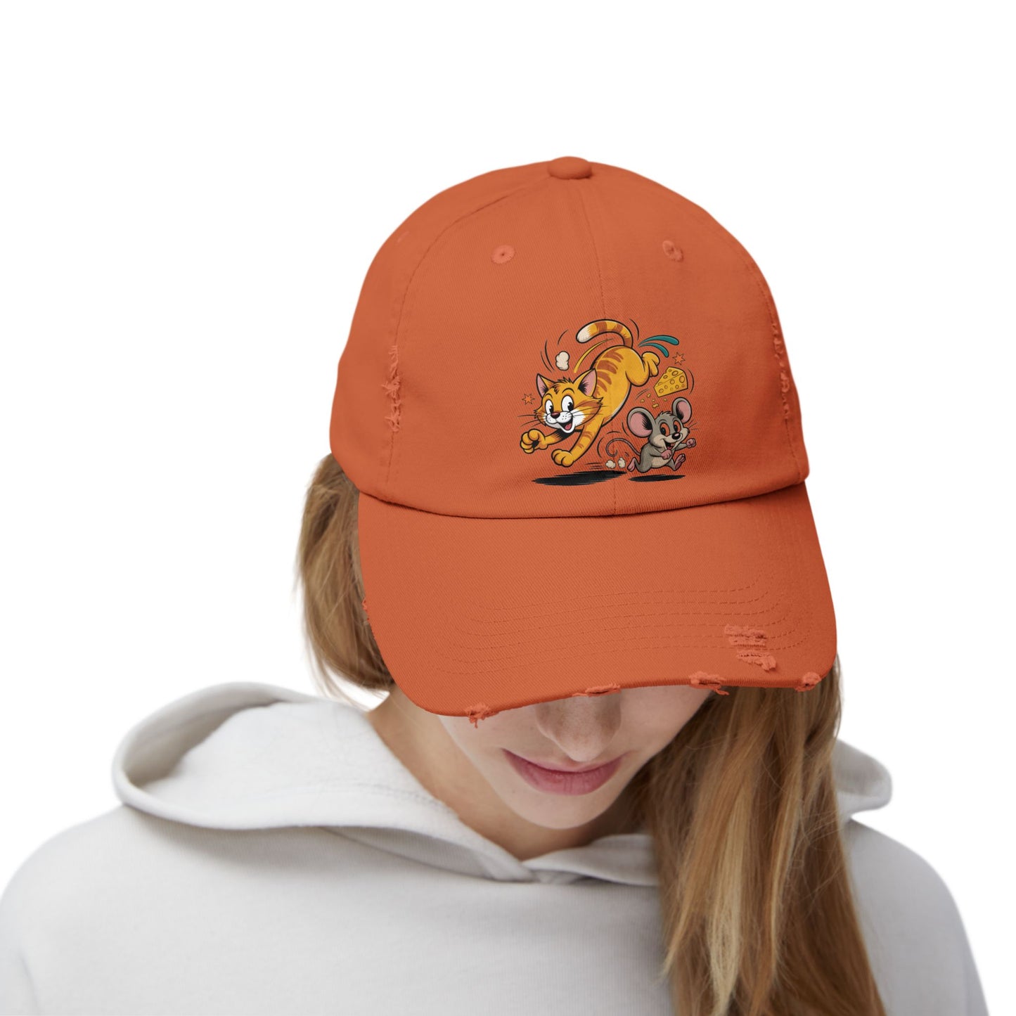 Playful Animal Cap - Cute Cat and Mouse, Unisex Distressed Cap, Funny Gift for Cat Lovers, Animal Lovers, Casual Wear, Birthday Gift