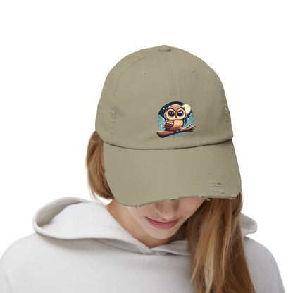 Whimsical Owl Distressed Cap, Unisex Cap, Nature Lover Gift, Cute Owl Hat, Vintage Style Cap, Outdoor Accessory