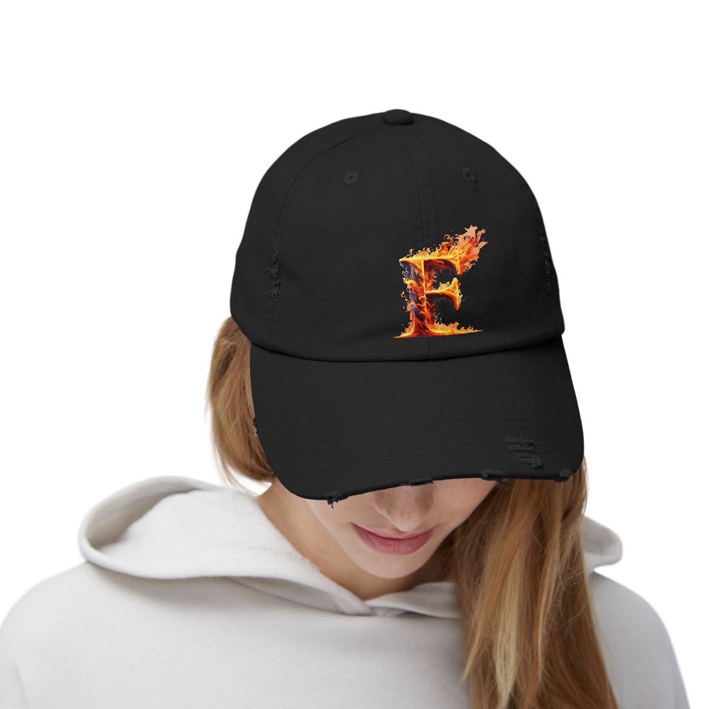 Fire Letter F Distressed Cap, Trendy Black Cap, Unisex Baseball Cap, Cool Casual Hat, Unique Gift for Him/Her, Everyday Accessory