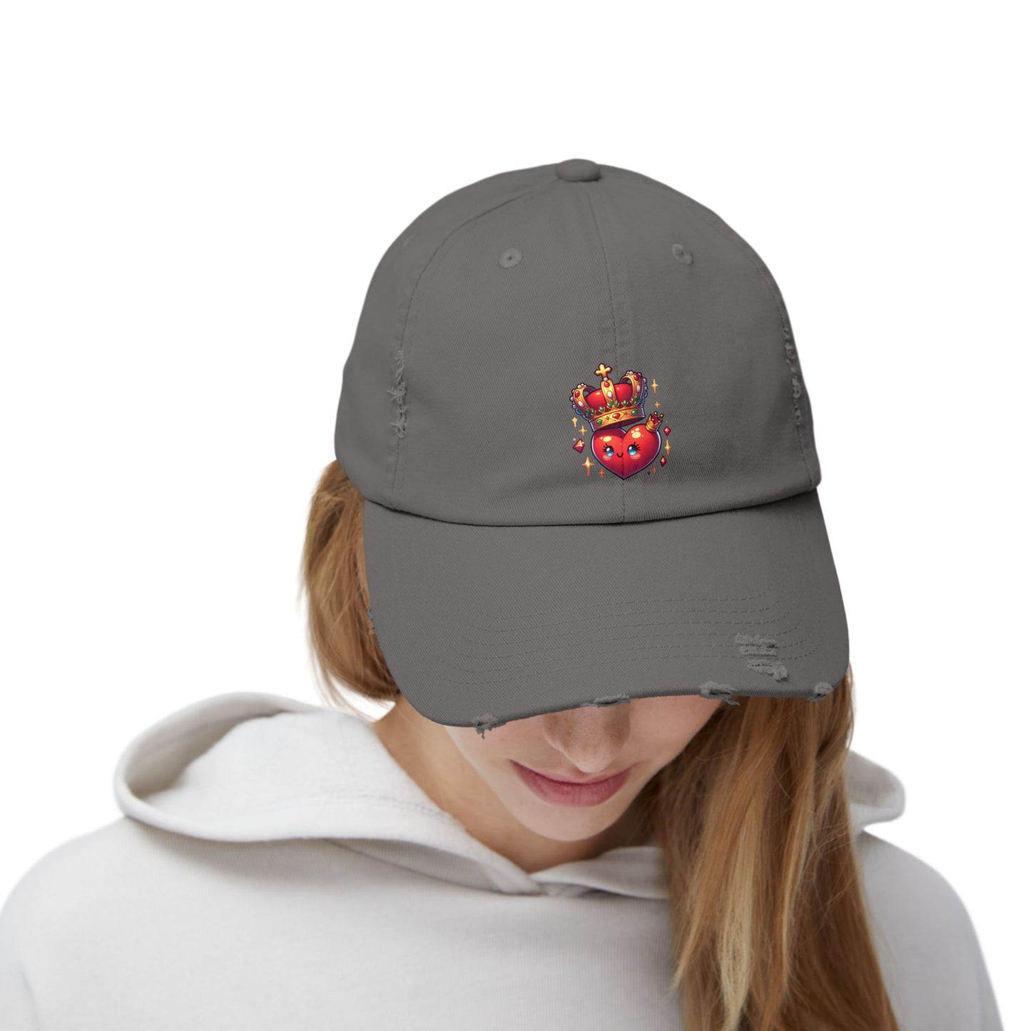 Crowned Heart Distressed Cap - Trendy Unisex Hat, Casual Stylish Accessory for Everyday Wear, Ideal Gift for Birthdays, Festivals, and More