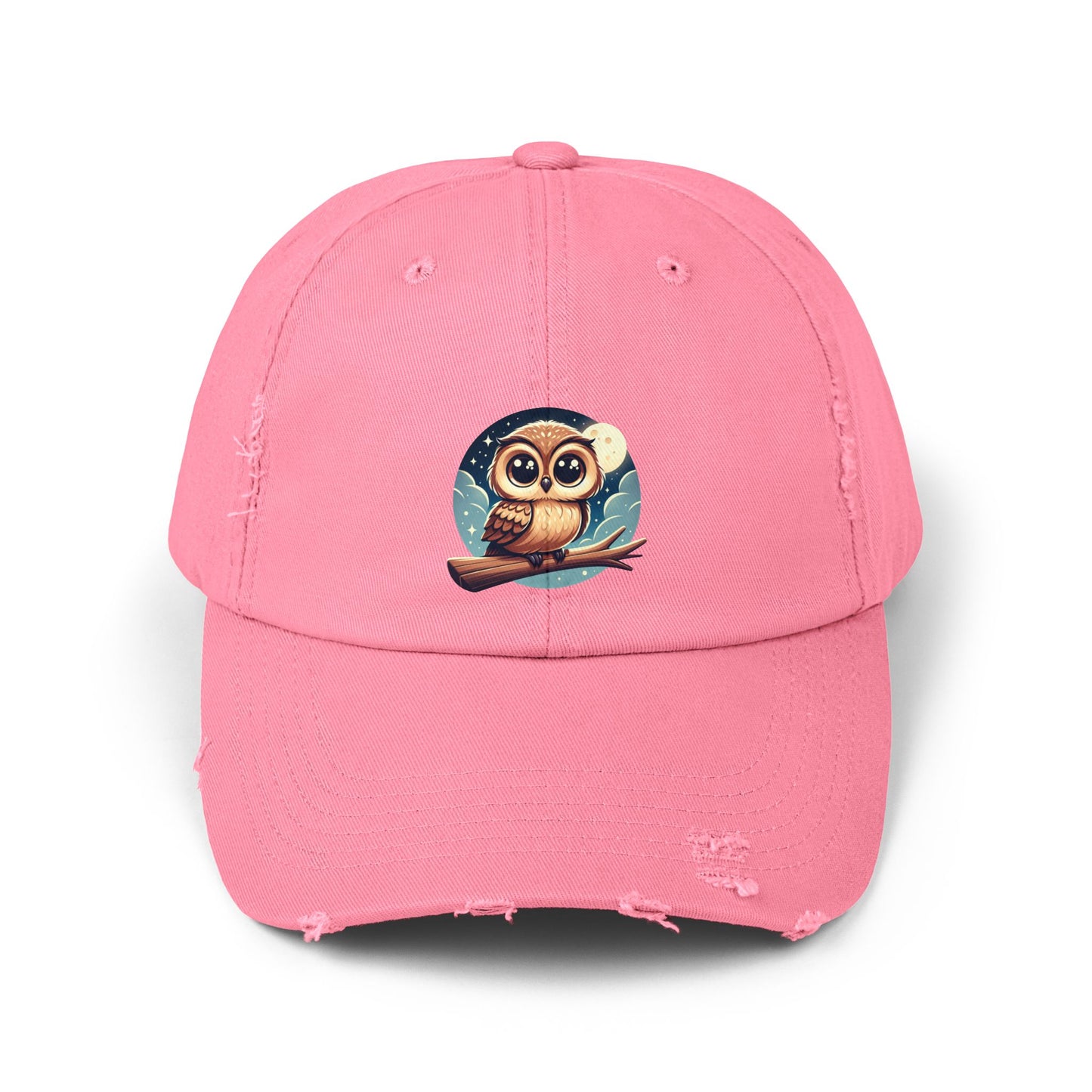 Whimsical Owl Distressed Cap, Unisex Cap, Nature Lover Gift, Cute Owl Hat, Vintage Style Cap, Outdoor Accessory
