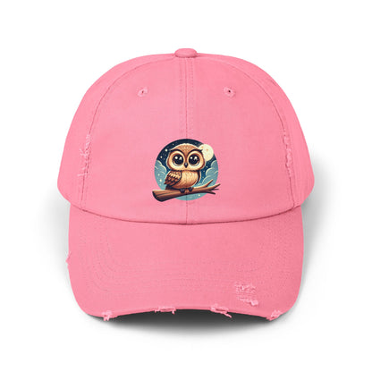 Whimsical Owl Distressed Cap, Unisex Cap, Nature Lover Gift, Cute Owl Hat, Vintage Style Cap, Outdoor Accessory