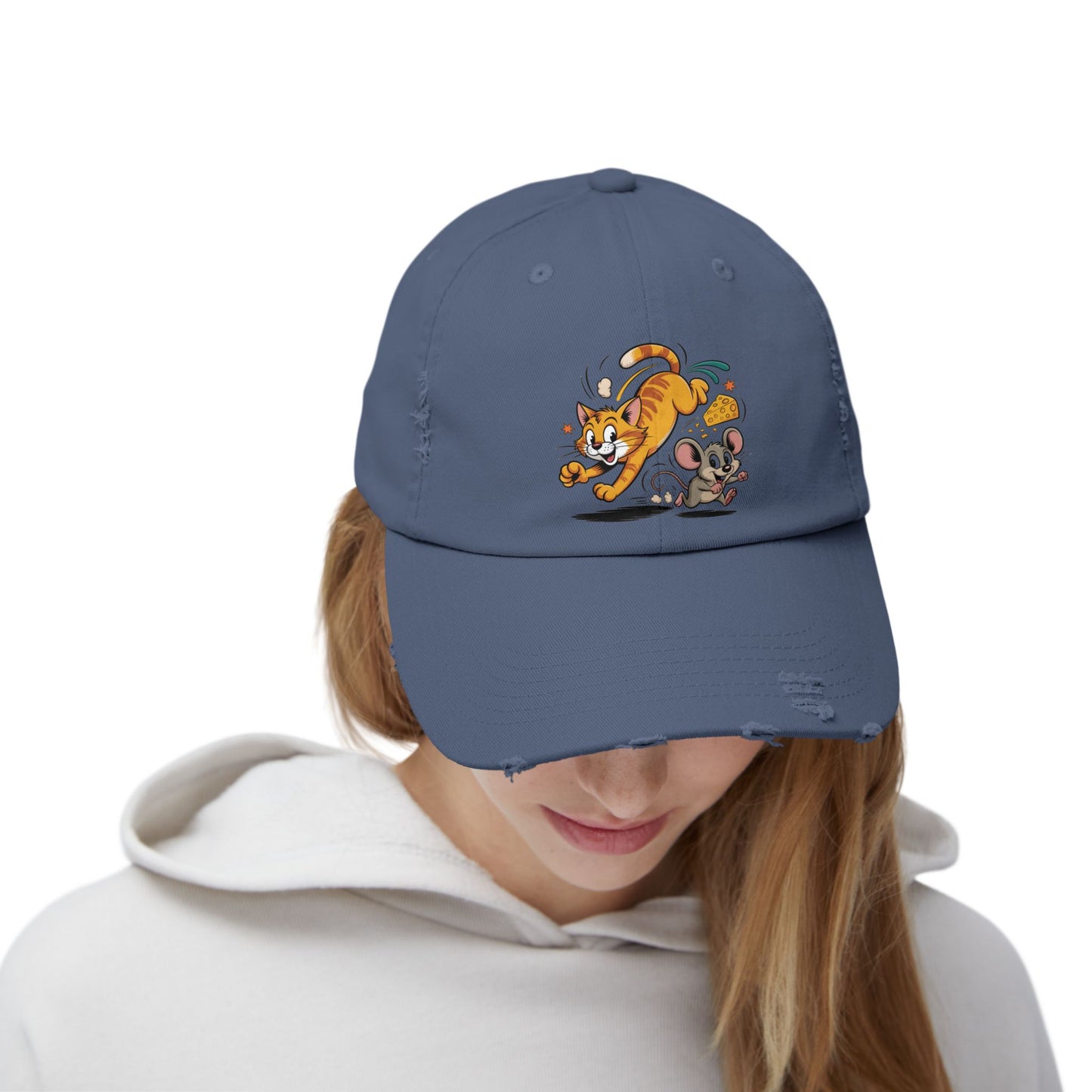 Playful Animal Cap - Cute Cat and Mouse, Unisex Distressed Cap, Funny Gift for Cat Lovers, Animal Lovers, Casual Wear, Birthday Gift