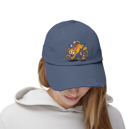 Playful Animal Cap - Cute Cat and Mouse, Unisex Distressed Cap, Funny Gift for Cat Lovers, Animal Lovers, Casual Wear, Birthday Gift