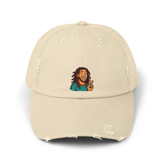 Unisex Distressed Cap with Peace Sign Design, Casual Headwear, Fun Gift for Friends, Summer Accessory, Unique Hat for Festivals
