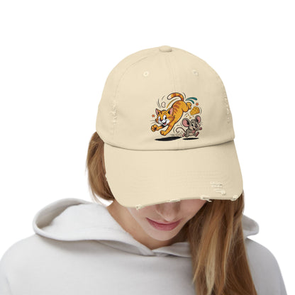 Playful Animal Cap - Cute Cat and Mouse, Unisex Distressed Cap, Funny Gift for Cat Lovers, Animal Lovers, Casual Wear, Birthday Gift