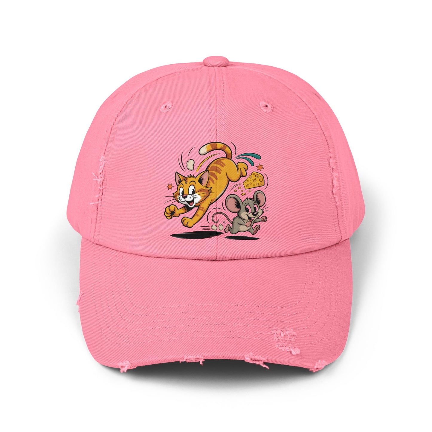 Playful Animal Cap - Cute Cat and Mouse, Unisex Distressed Cap, Funny Gift for Cat Lovers, Animal Lovers, Casual Wear, Birthday Gift