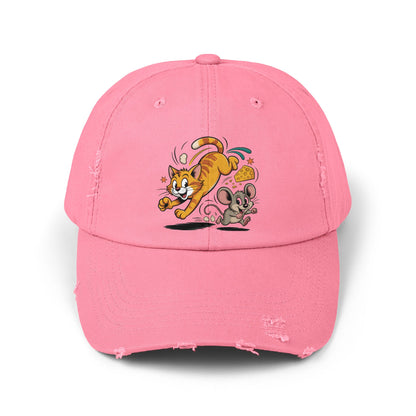 Playful Animal Cap - Cute Cat and Mouse, Unisex Distressed Cap, Funny Gift for Cat Lovers, Animal Lovers, Casual Wear, Birthday Gift