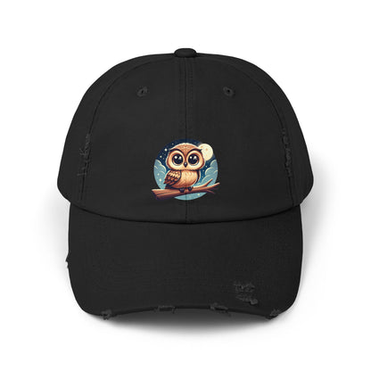 Whimsical Owl Distressed Cap, Unisex Cap, Nature Lover Gift, Cute Owl Hat, Vintage Style Cap, Outdoor Accessory