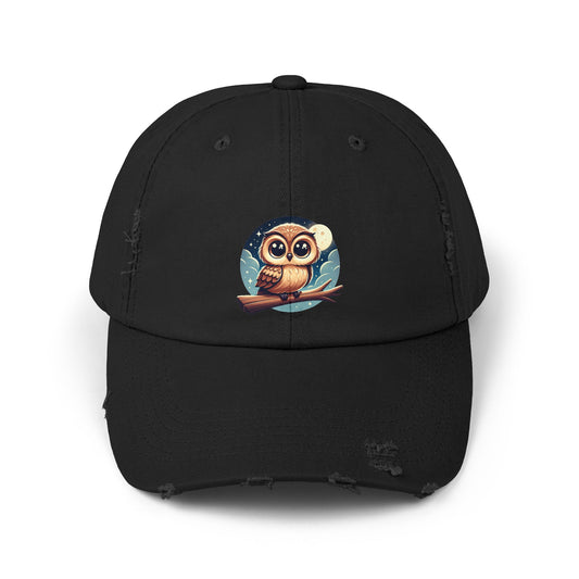 Whimsical Owl Distressed Cap, Unisex Cap, Nature Lover Gift, Cute Owl Hat, Vintage Style Cap, Outdoor Accessory